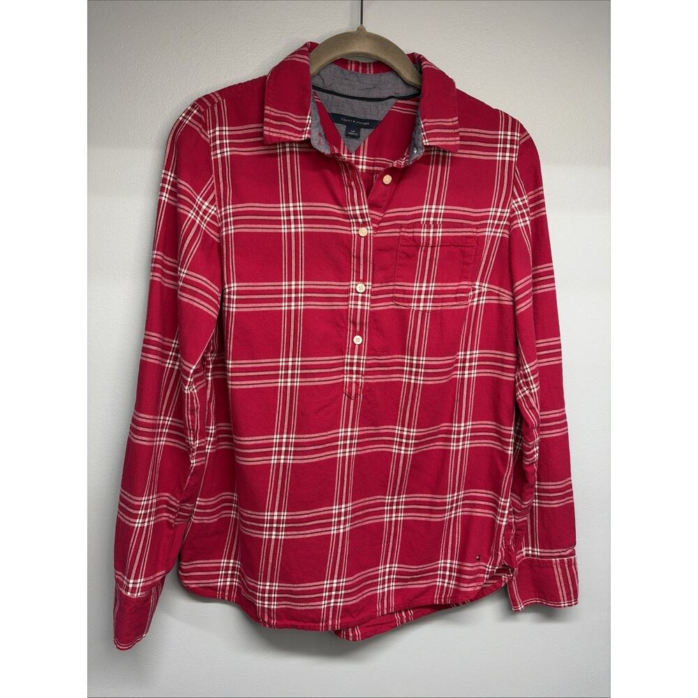 Tommy Hilfiger Red Plaid 1/2 Button Down Flannel Shirt Casual Long- Sleeve Small